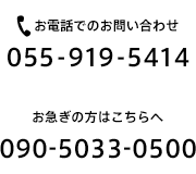 お電話でのお問い合わせ 055-919-5414 お急ぎの方はこちらへ 090-5033-0500